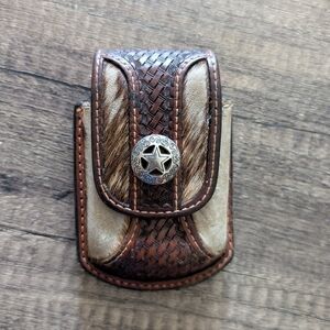 Vintage Genuine Handtooled Leather Metal Star Belt Clip Holder Pouch
